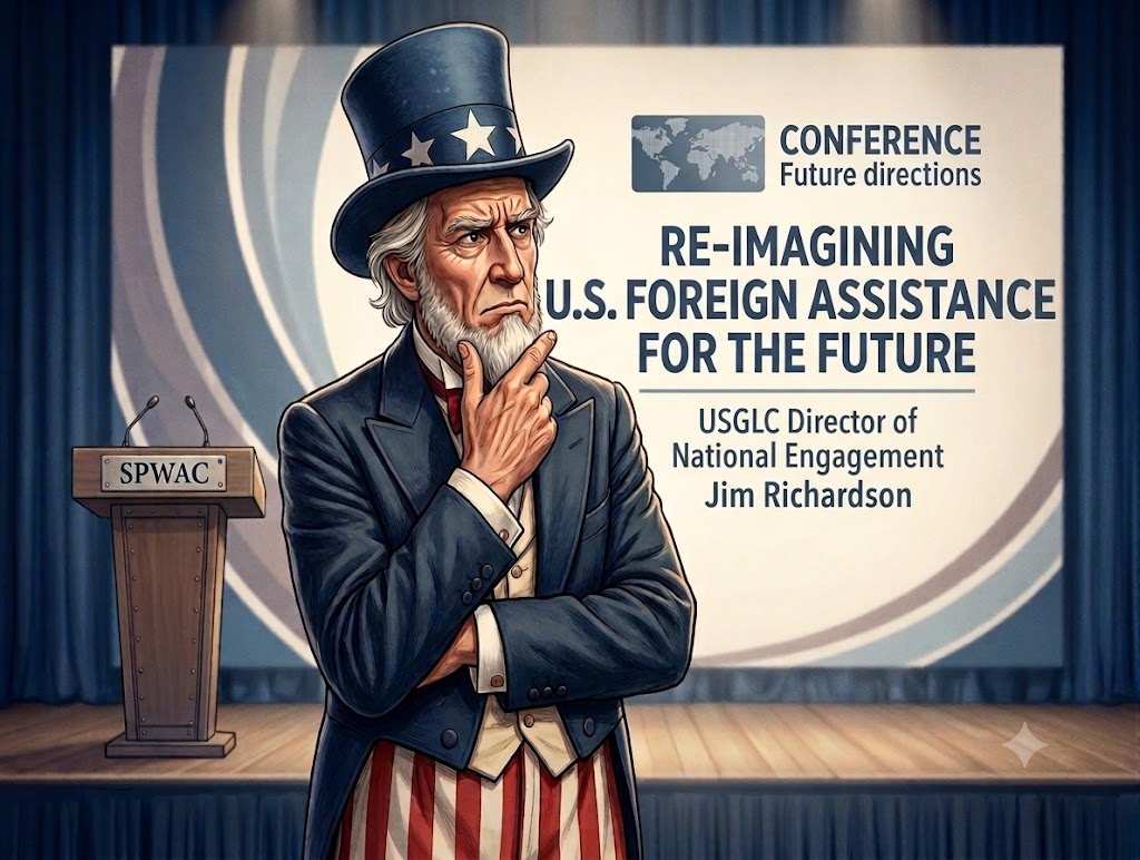 Uncle Sam dubitatif one podium SPWAC logo Richardson Re-imagining U.S. Foreign Assistance for the Future